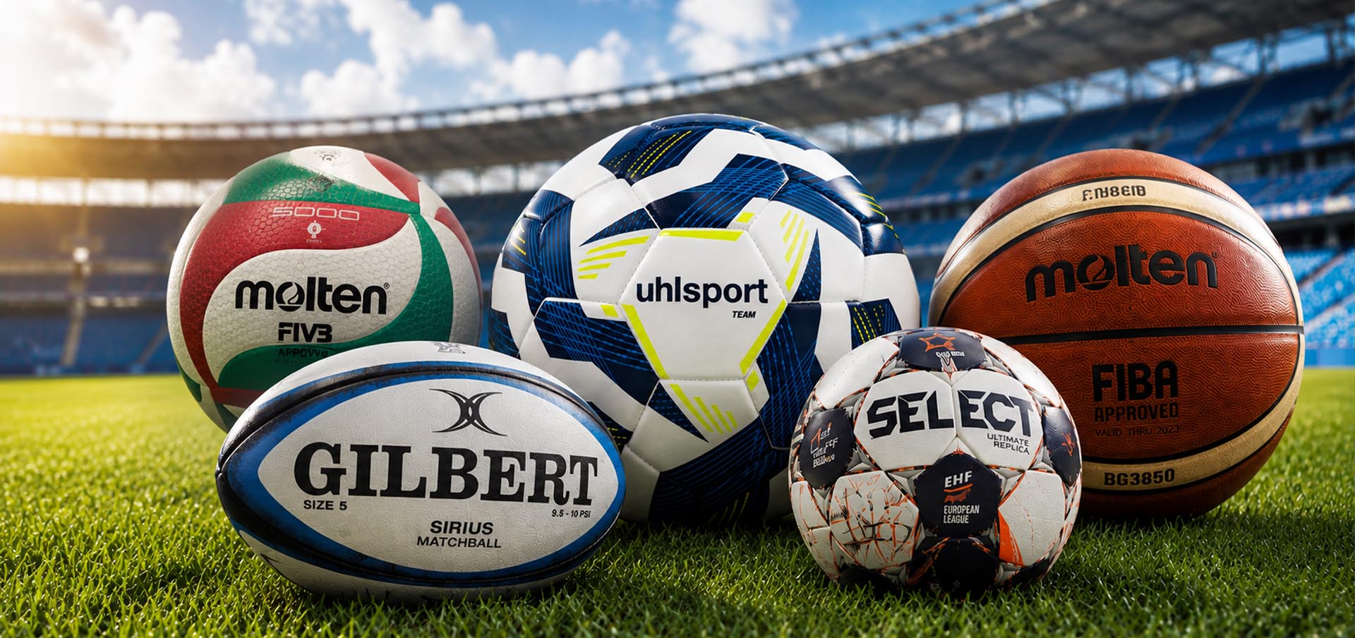Ballons de football, basketball, handball, rugby et volleyball sur un terrain